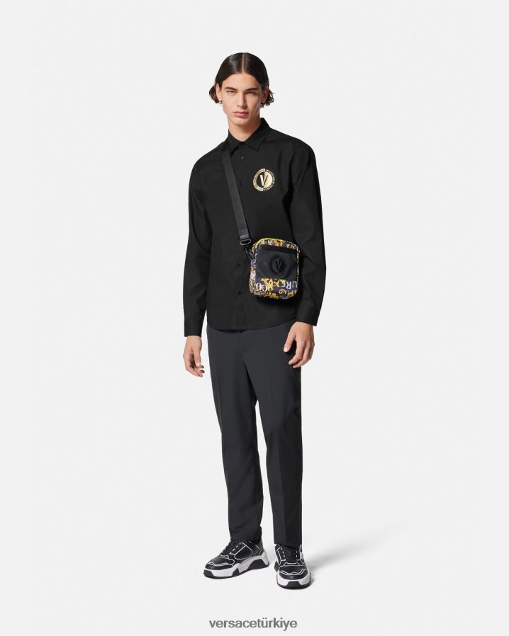 Versace v amblemli gömlek erkekler siyah altın Giyim B0HHR82402