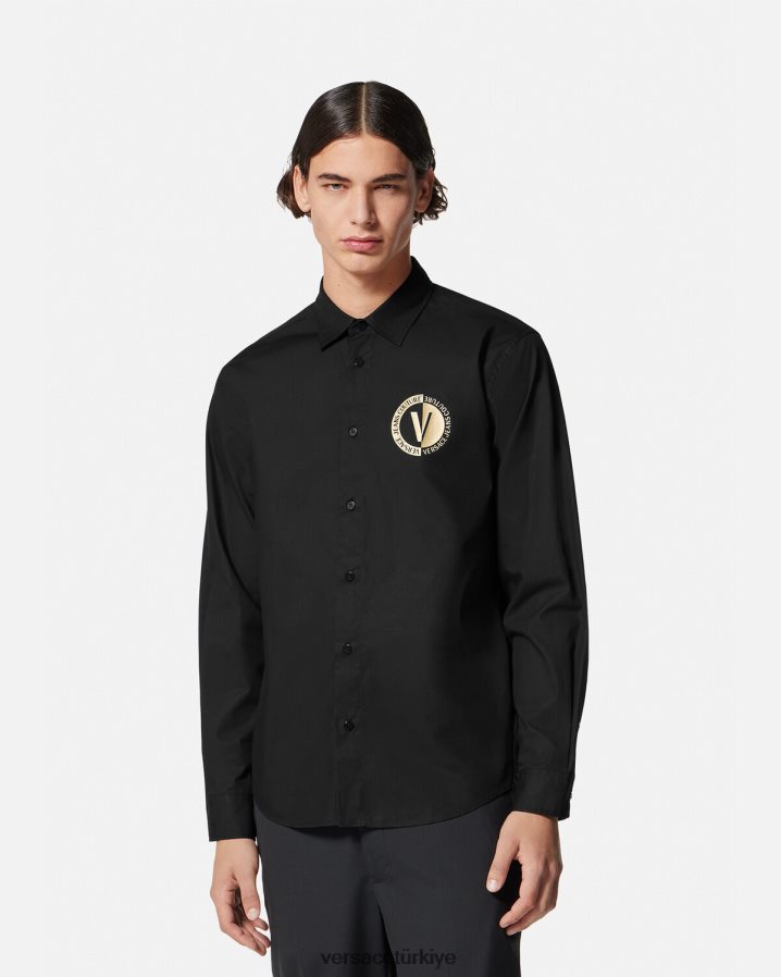 Versace v amblemli gömlek erkekler siyah altın Giyim B0HHR82402