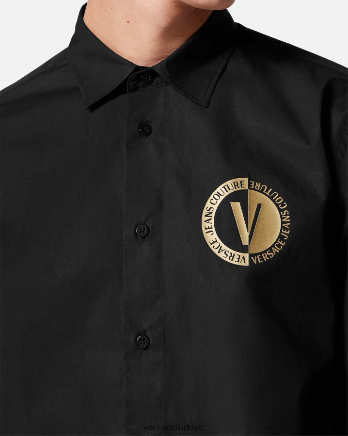 Versace v amblemli gömlek erkekler siyah altın Giyim B0HHR82402