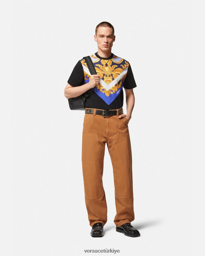 Versace barocco 660 tişört erkekler mavi ve altın Giyim B0HHR81393