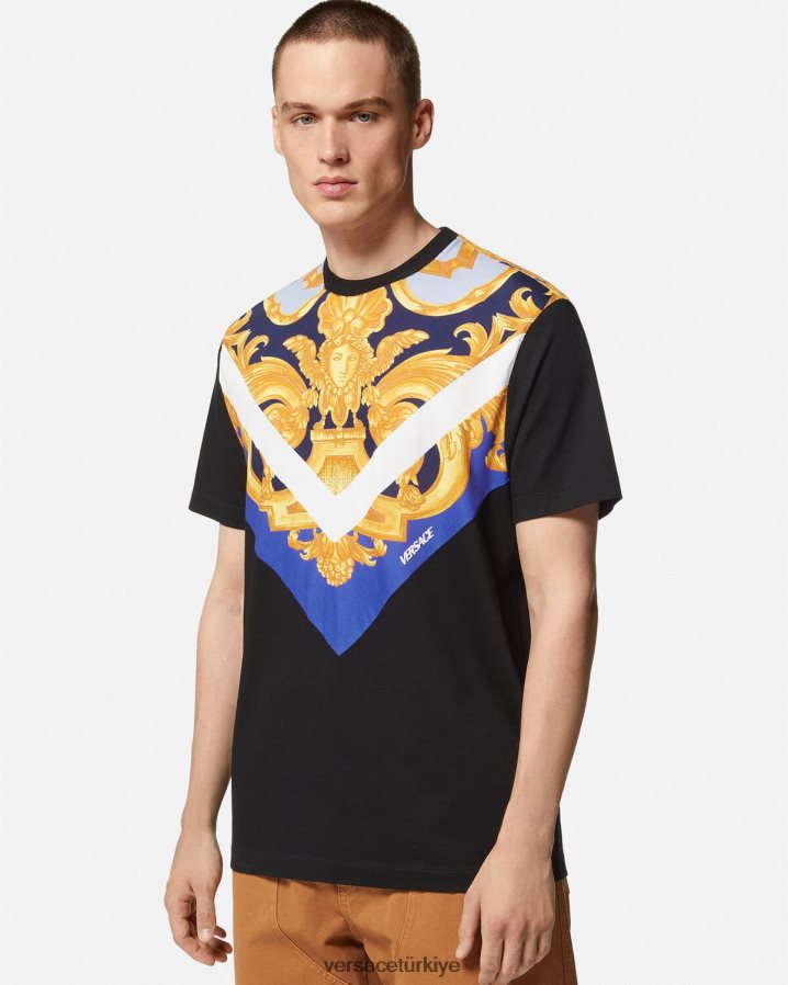 Versace barocco 660 tişört erkekler mavi ve altın Giyim B0HHR81393