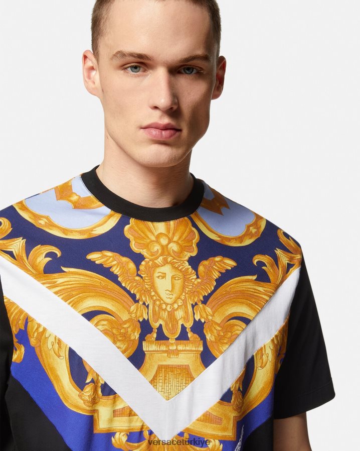 Versace barocco 660 tişört erkekler mavi ve altın Giyim B0HHR81393