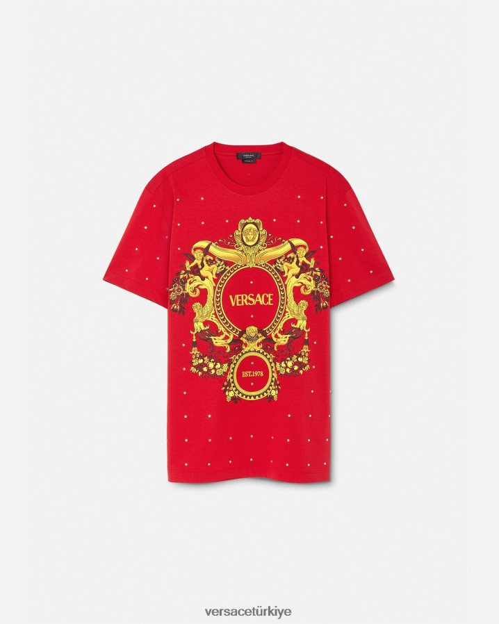 Versace barok kristal ızgaralı tişört erkekler kırmızı Giyim B0HHR81401
