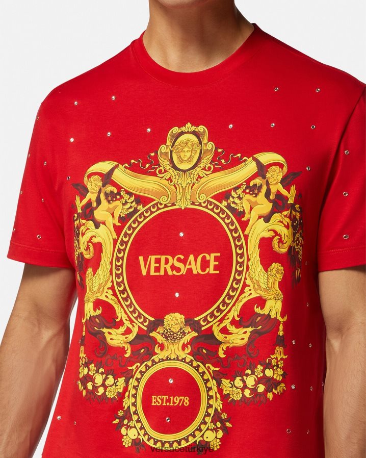 Versace barok kristal ızgaralı tişört erkekler kırmızı Giyim B0HHR81401