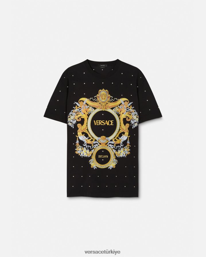 Versace barok kristal ızgaralı tişört erkekler siyah Giyim B0HHR81402