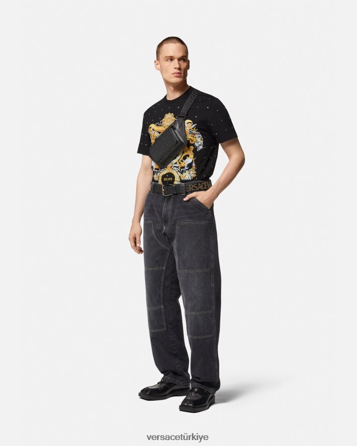 Versace barok kristal ızgaralı tişört erkekler siyah Giyim B0HHR81402