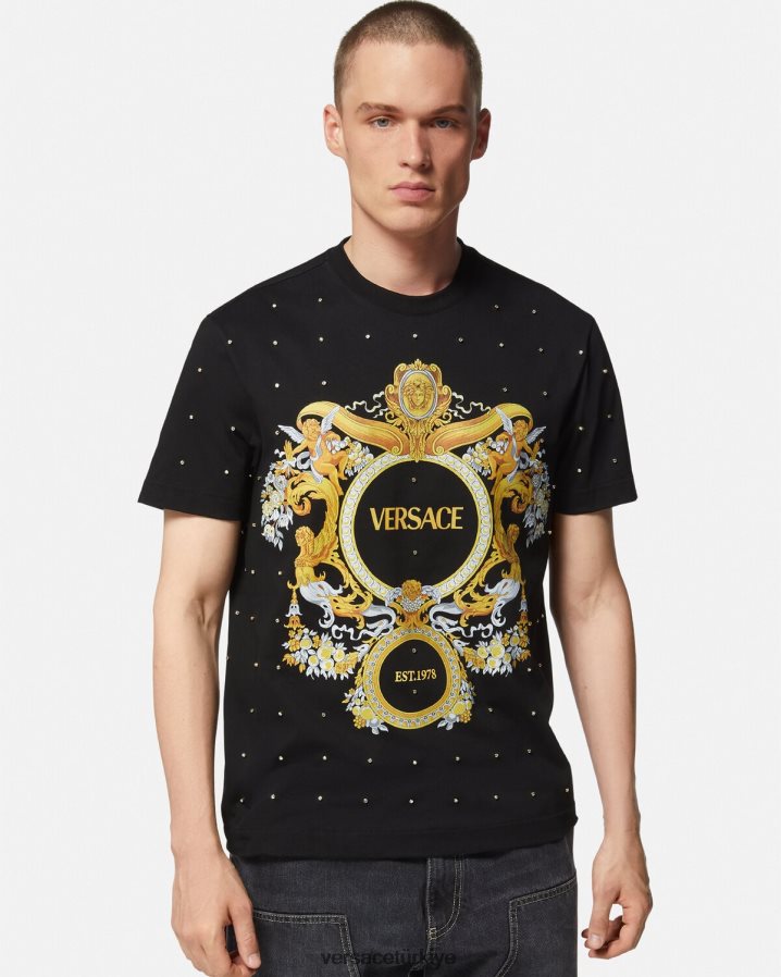 Versace barok kristal ızgaralı tişört erkekler siyah Giyim B0HHR81402