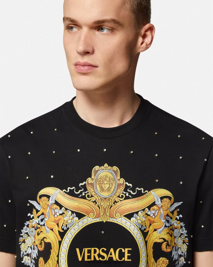 Versace barok kristal ızgaralı tişört erkekler siyah Giyim B0HHR81402