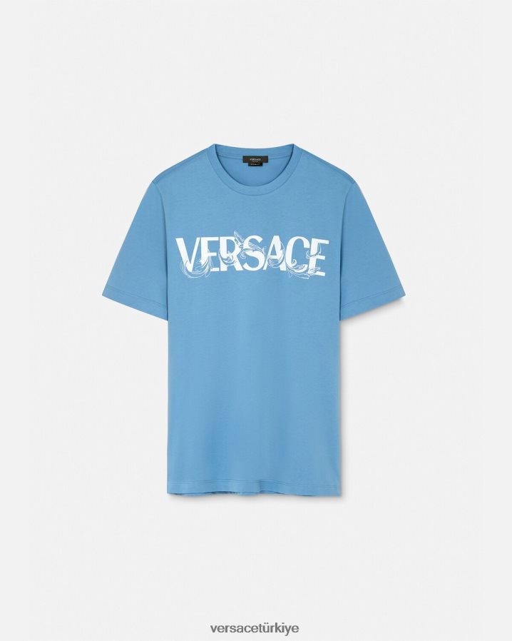 Versace barok siluet logolu tişört erkekler açık mavi Giyim B0HHR81367