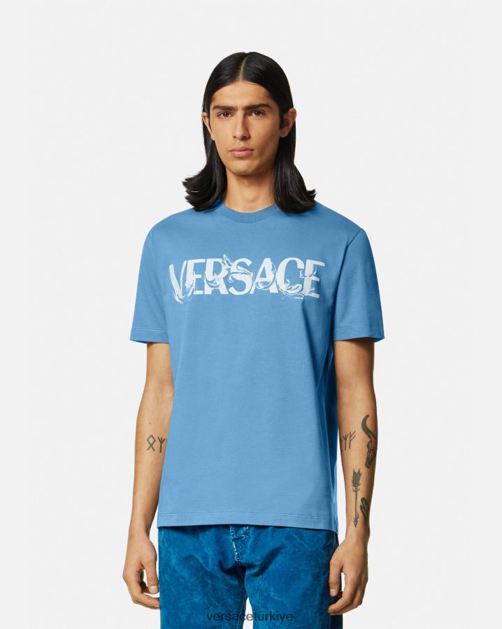 Versace barok siluet logolu tişört erkekler açık mavi Giyim B0HHR81367