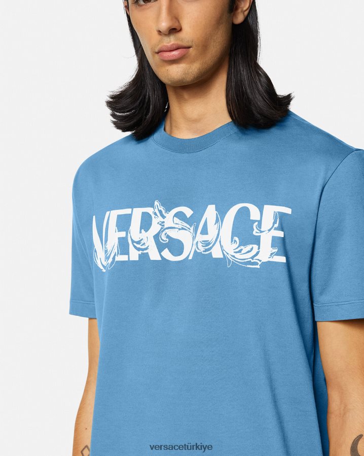 Versace barok siluet logolu tişört erkekler açık mavi Giyim B0HHR81367