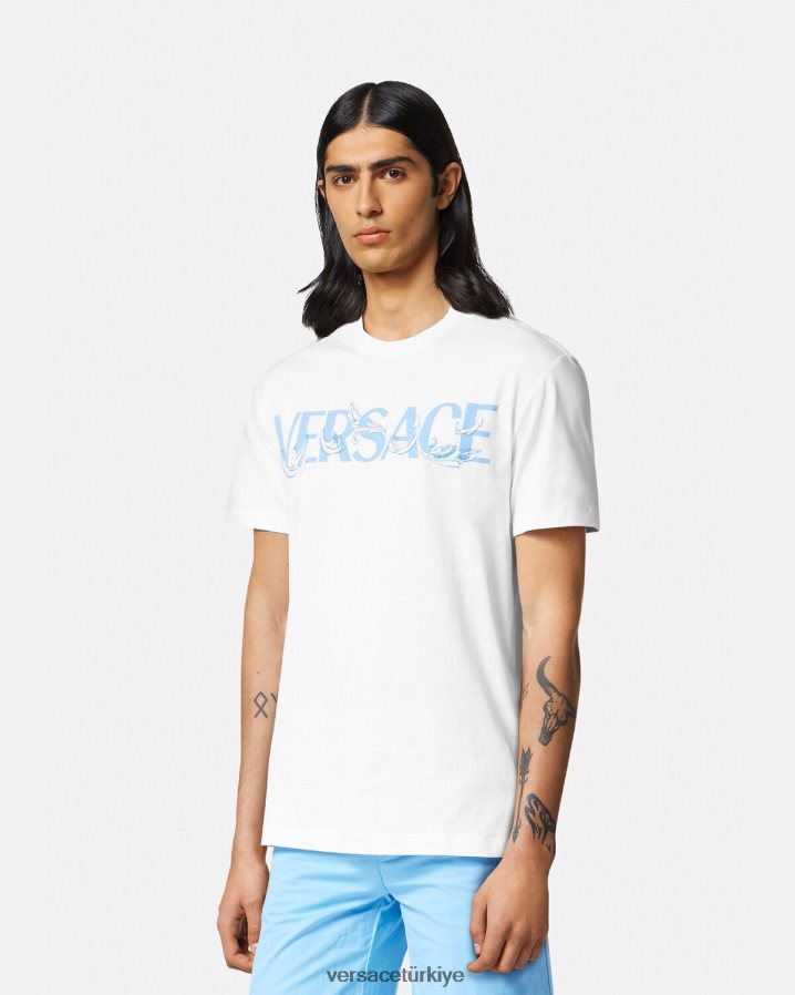 Versace barok siluet logolu tişört erkekler beyaz Giyim B0HHR81366