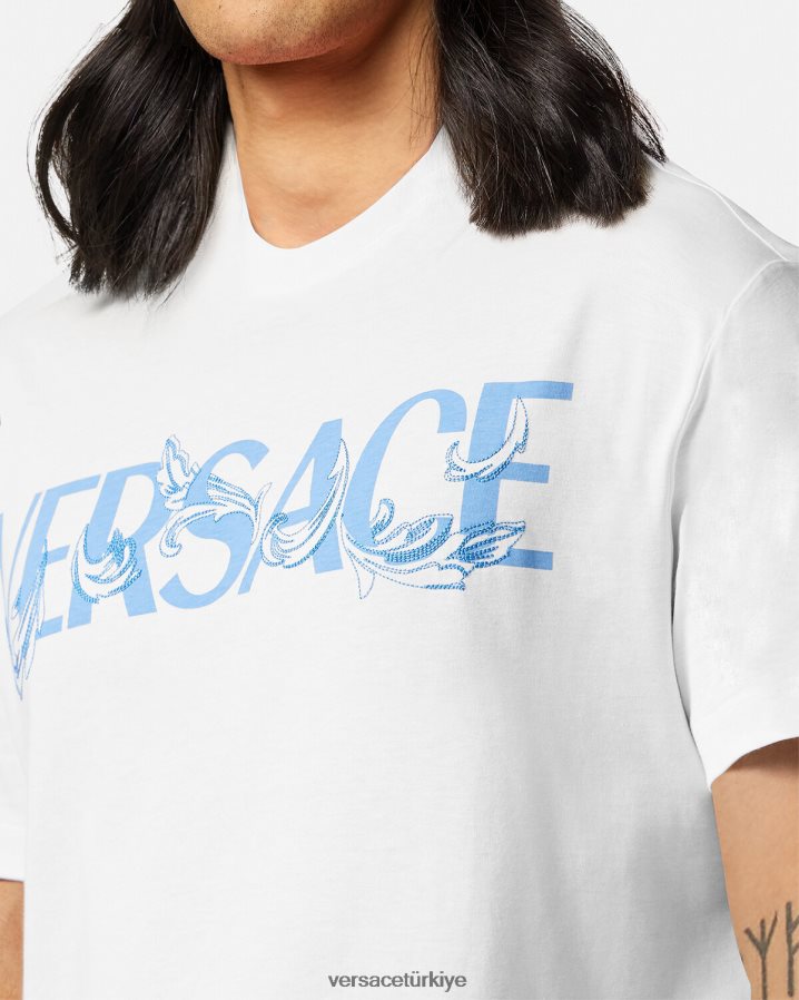 Versace barok siluet logolu tişört erkekler beyaz Giyim B0HHR81366