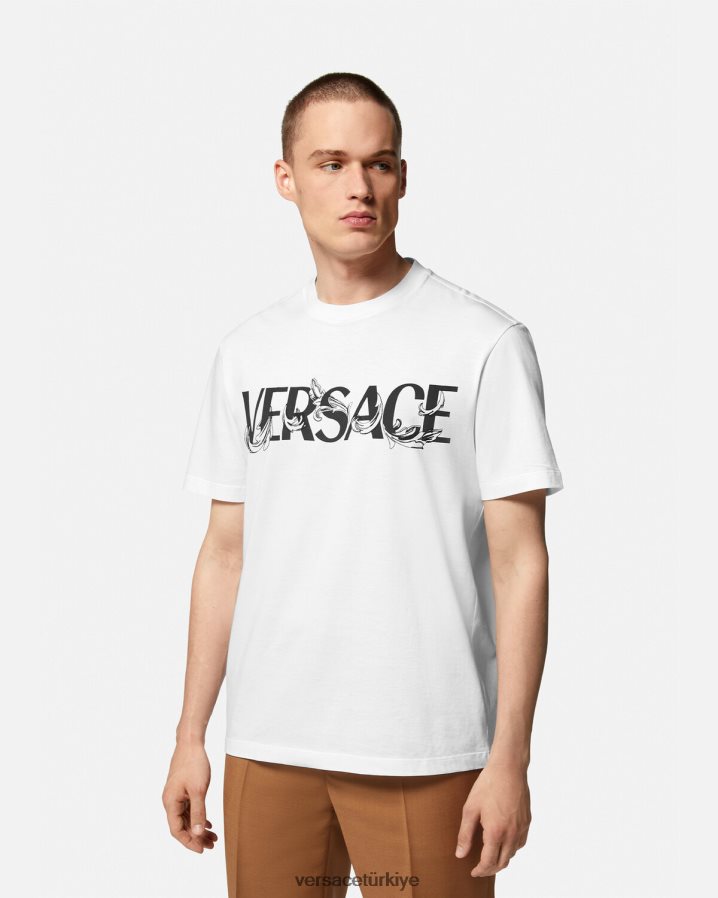 Versace barok siluet logolu tişört erkekler beyaz Giyim B0HHR81379