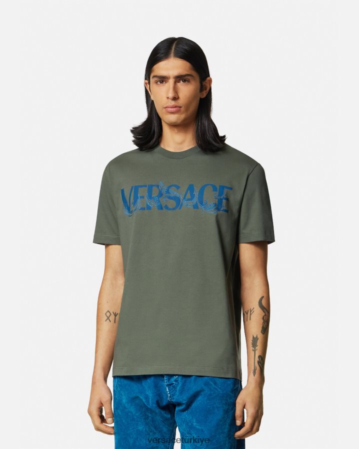 Versace barok siluet logolu tişört erkekler yeşil Giyim B0HHR81368