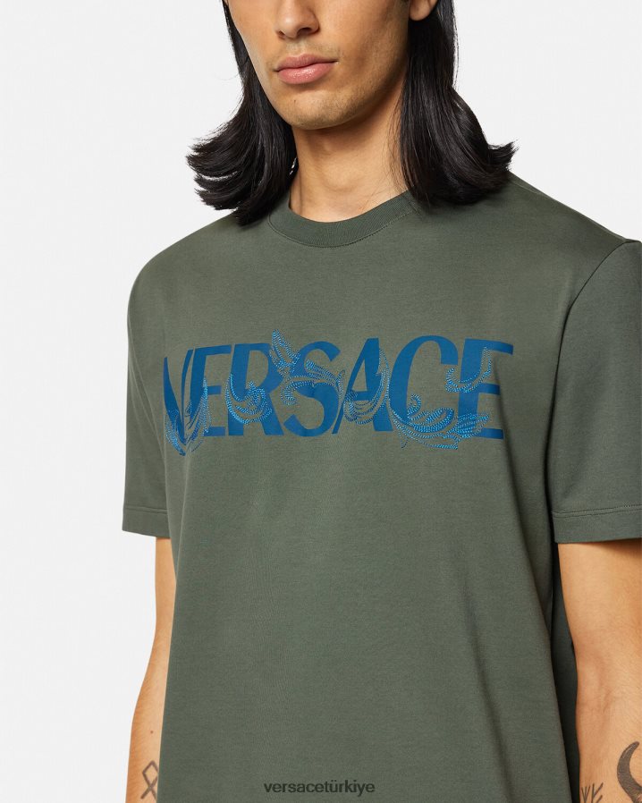 Versace barok siluet logolu tişört erkekler yeşil Giyim B0HHR81368