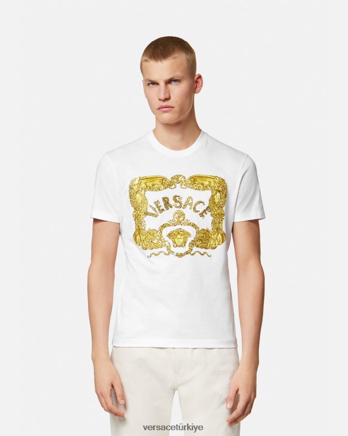 Versace deniz kabuğu işlemeli barok tişört erkekler beyaz Giyim B0HHR81364