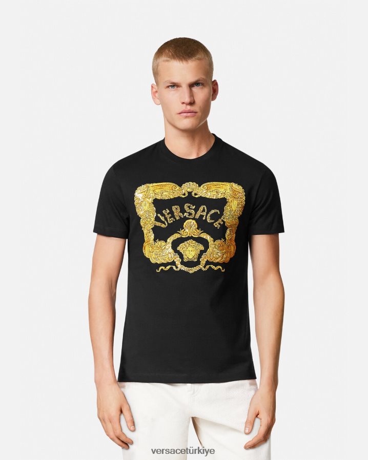 Versace deniz kabuğu işlemeli barok tişört erkekler siyah Giyim B0HHR81363