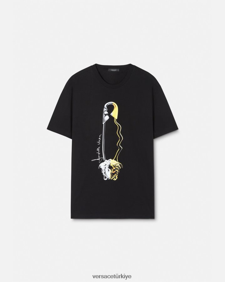 Versace çengelli iğne grafikli tişört erkekler siyah Giyim B0HHR81400