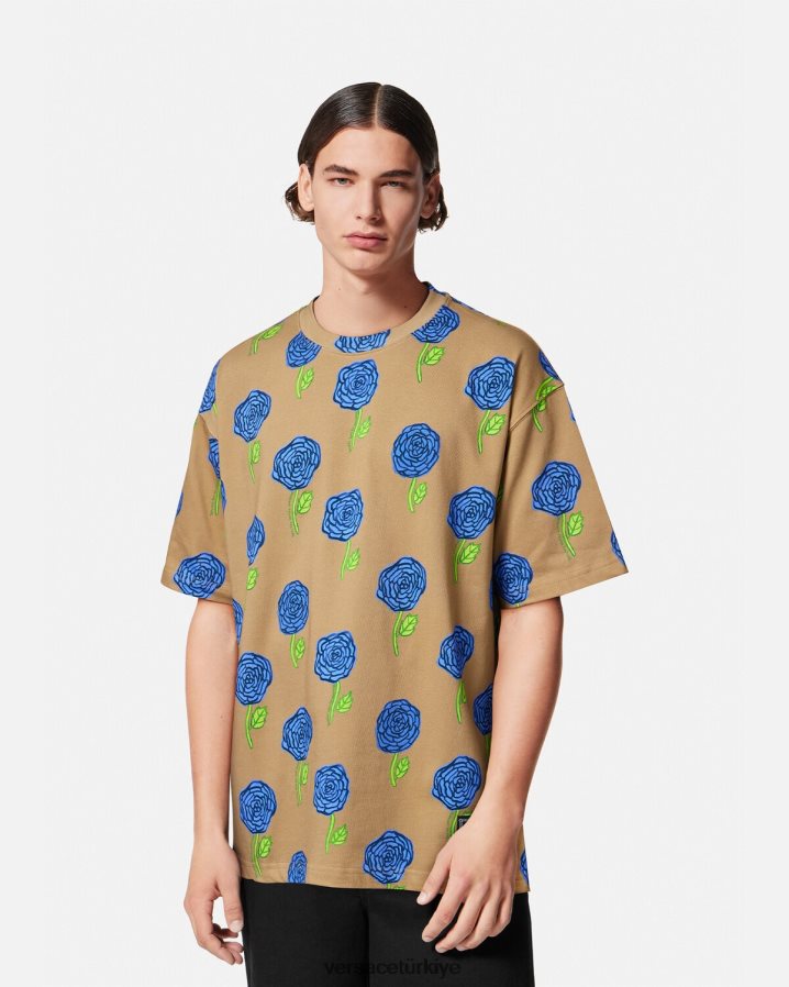 Versace gül tişört erkekler kahverengi Giyim B0HHR82371