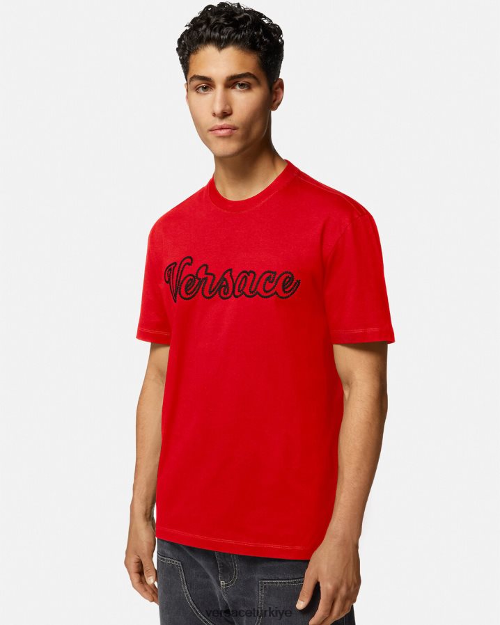 Versace işlemeli üniversite logolu tişört erkekler kırmızı Giyim B0HHR81405