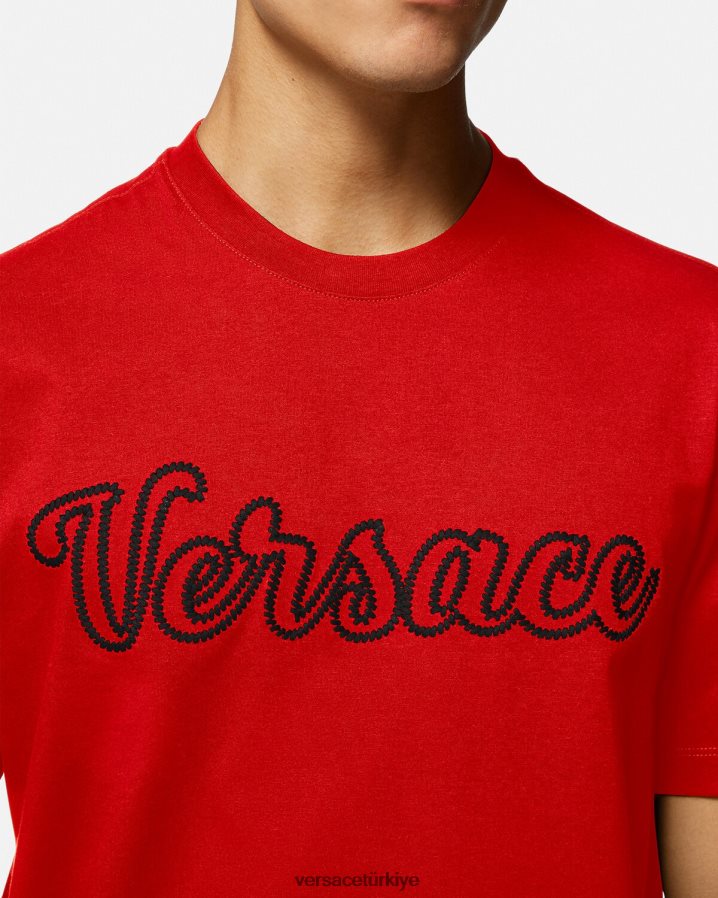 Versace işlemeli üniversite logolu tişört erkekler kırmızı Giyim B0HHR81405
