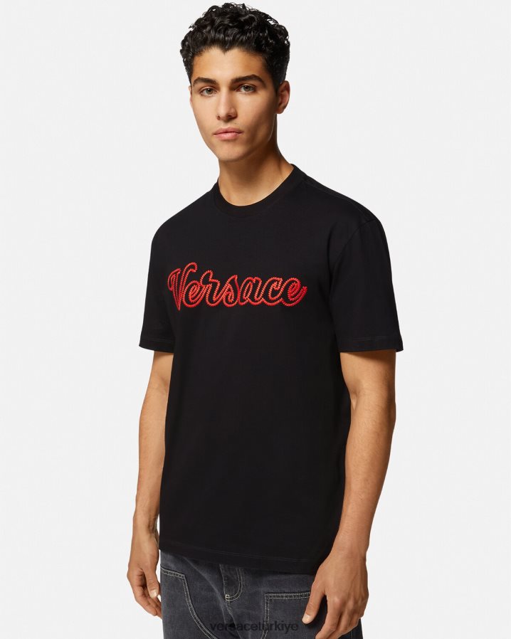 Versace işlemeli üniversite logolu tişört erkekler siyah Giyim B0HHR81404