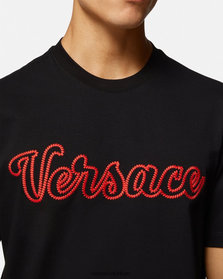 Versace işlemeli üniversite logolu tişört erkekler siyah Giyim B0HHR81404