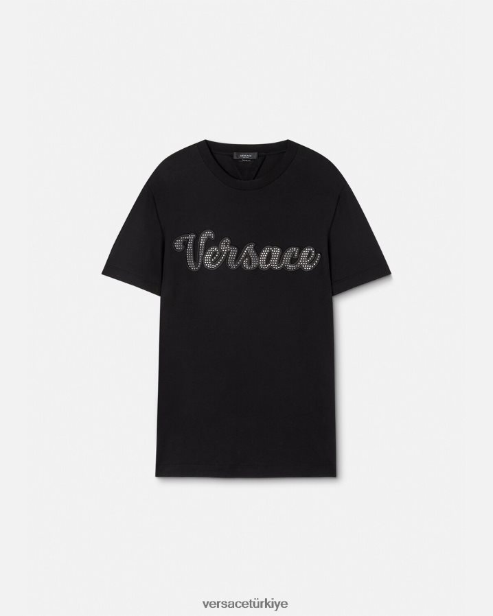 Versace kristal üniversite logolu tişört erkekler siyah Giyim B0HHR81406