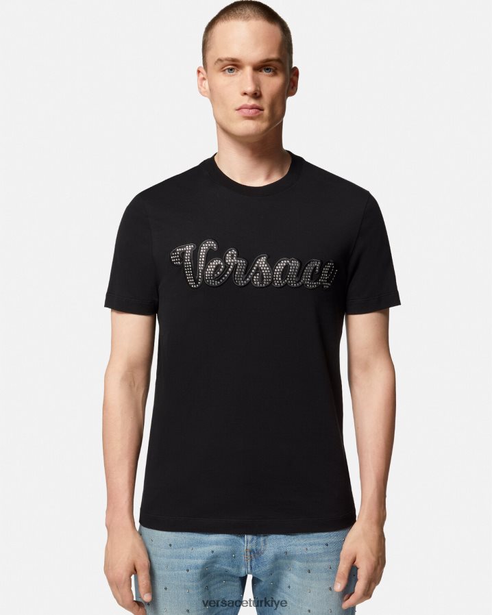 Versace kristal üniversite logolu tişört erkekler siyah Giyim B0HHR81406