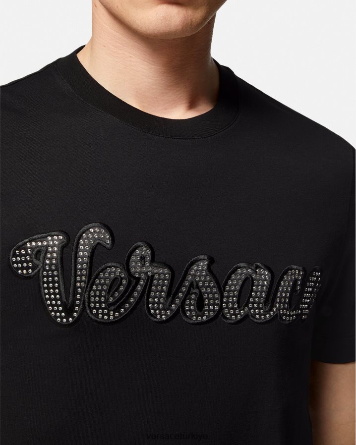Versace kristal üniversite logolu tişört erkekler siyah Giyim B0HHR81406