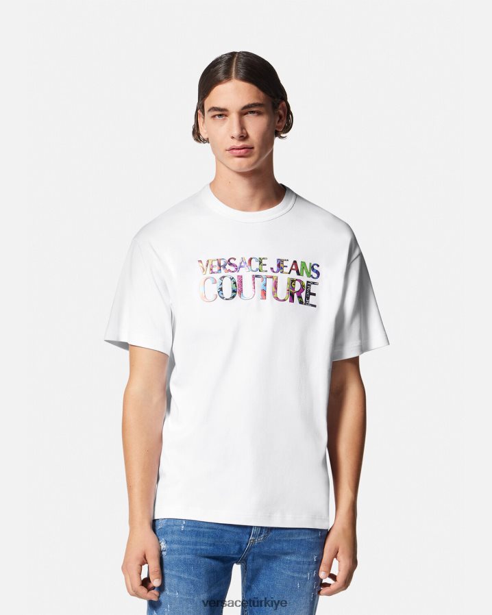 Versace logolu tişört erkekler beyaz Giyim B0HHR82370
