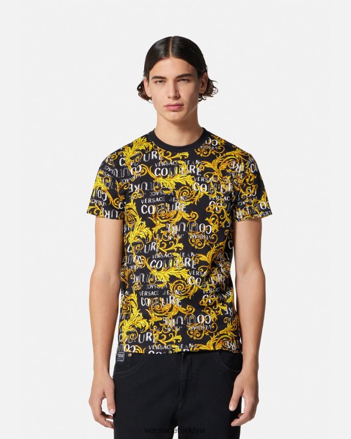 Versace logolu özel tasarım tişört erkekler siyah altın Giyim B0HHR82387