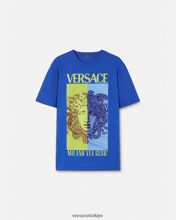 Versace medusa grafikli tişört erkekler mavi Giyim B0HHR81411