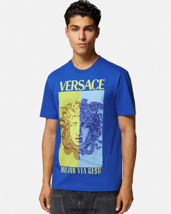 Versace medusa grafikli tişört erkekler mavi Giyim B0HHR81411