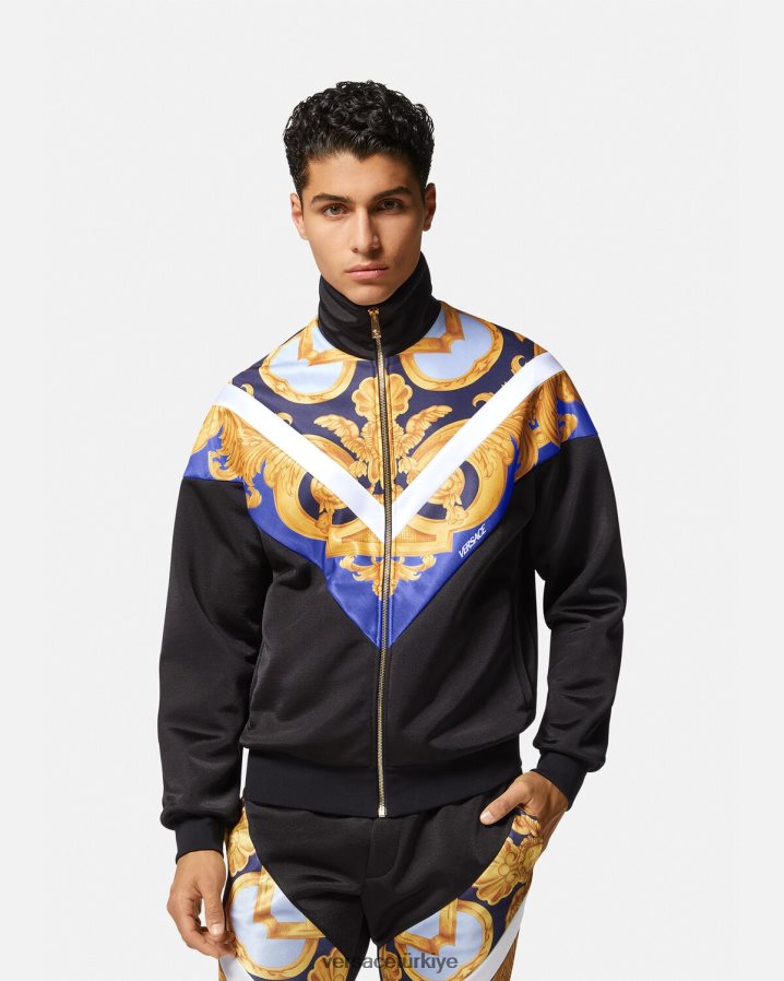 Versace barocco 660 fermuarlı sweatshirt erkekler mavi ve altın Giyim B0HHR81417