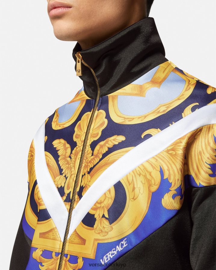 Versace barocco 660 fermuarlı sweatshirt erkekler mavi ve altın Giyim B0HHR81417