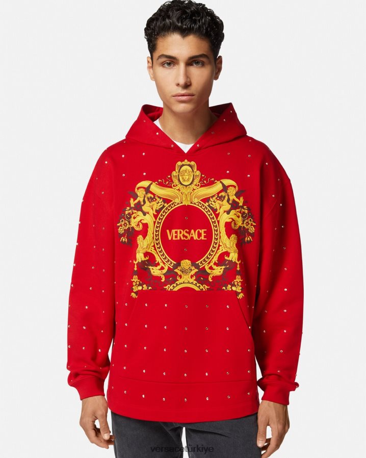 Versace barok kristal ızgara kapşonlu erkekler kırmızı Giyim B0HHR81421