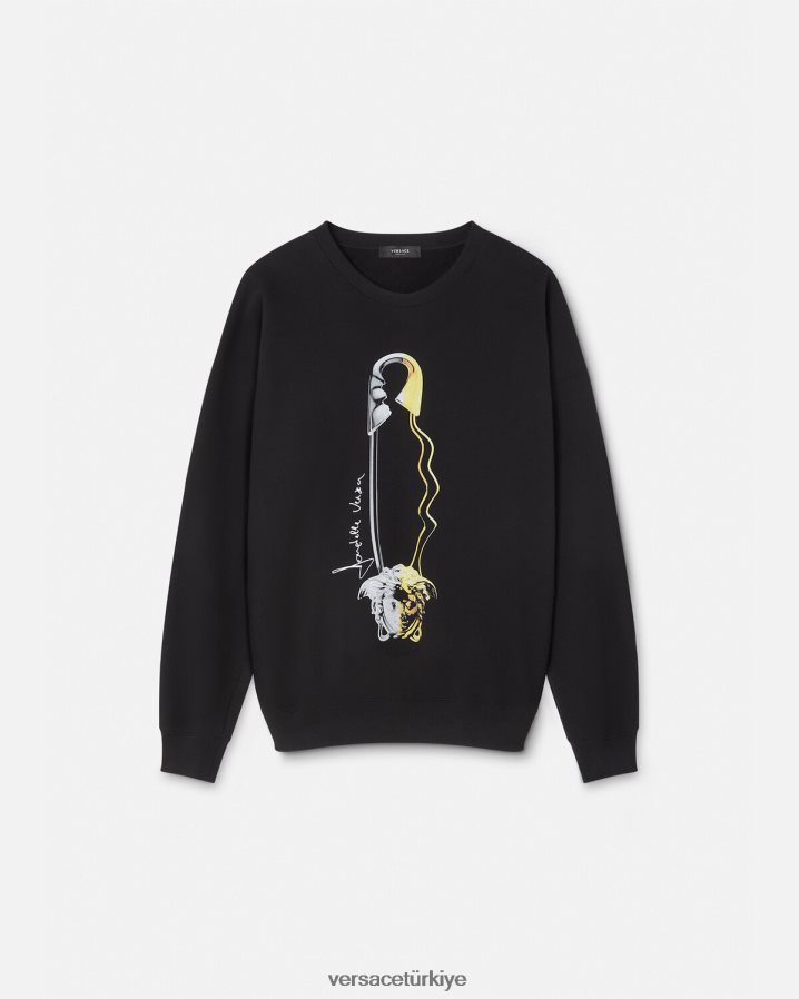 Versace çengelli iğne grafikli sweatshirt erkekler siyah Giyim B0HHR81420