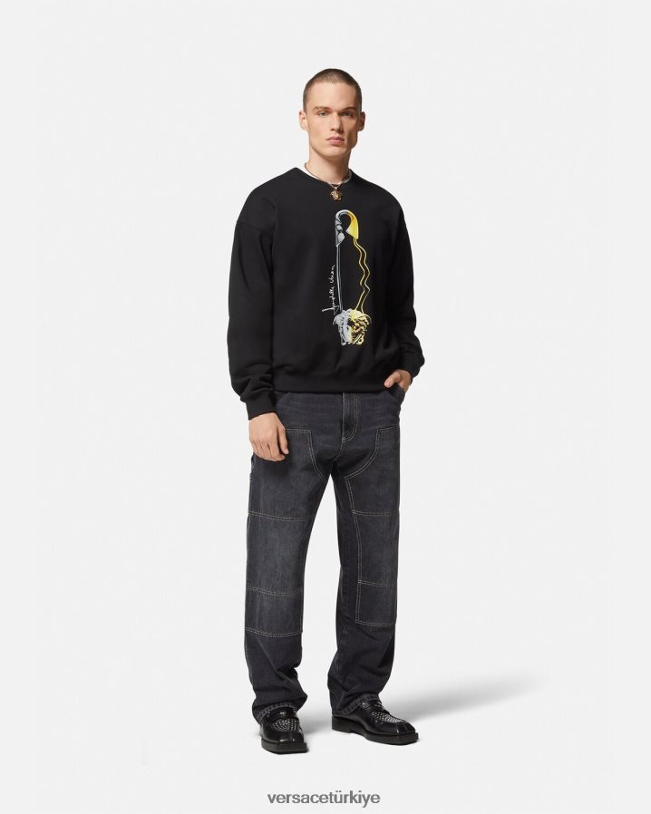 Versace çengelli iğne grafikli sweatshirt erkekler siyah Giyim B0HHR81420