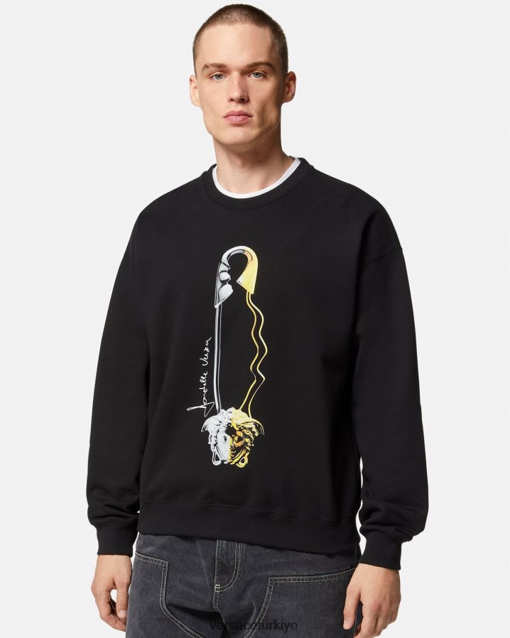 Versace çengelli iğne grafikli sweatshirt erkekler siyah Giyim B0HHR81420