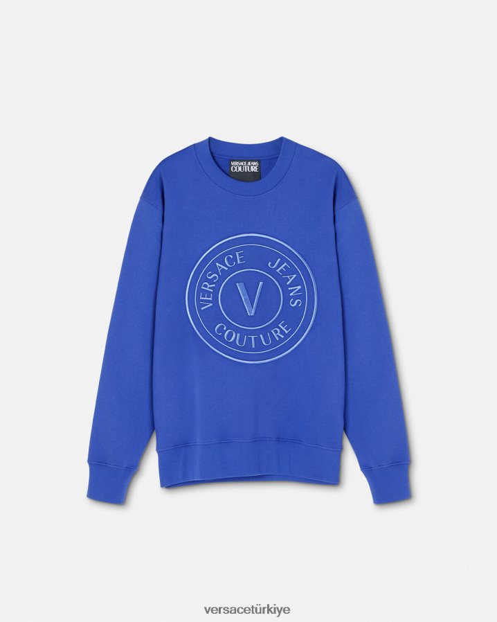 Versace işlemeli v amblemli sweatshirt erkekler mavi Giyim B0HHR82413