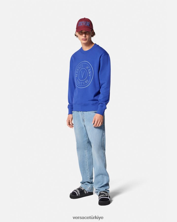 Versace işlemeli v amblemli sweatshirt erkekler mavi Giyim B0HHR82413