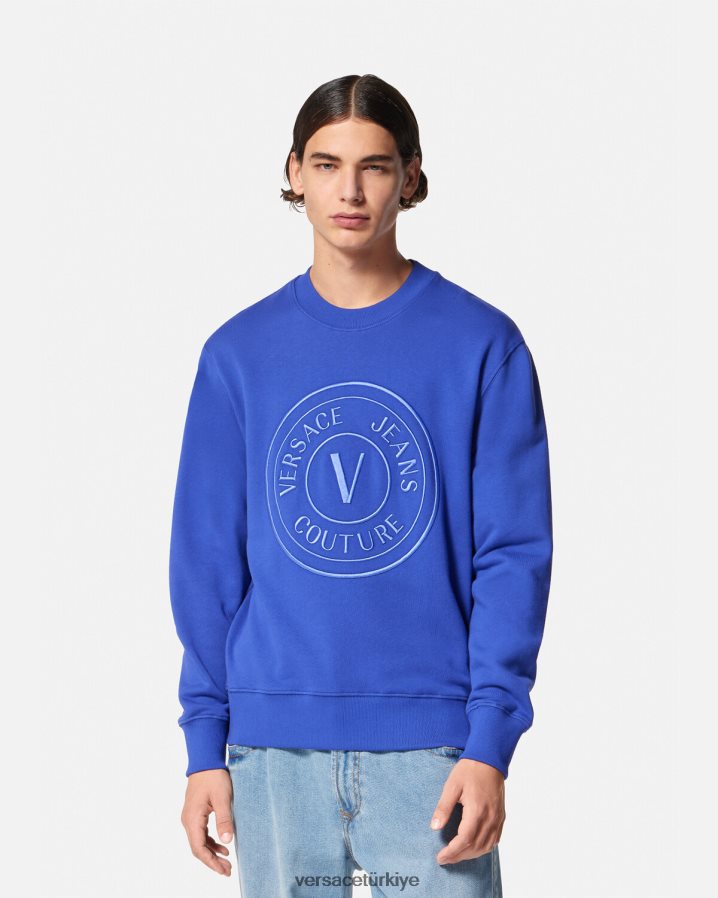 Versace işlemeli v amblemli sweatshirt erkekler mavi Giyim B0HHR82413
