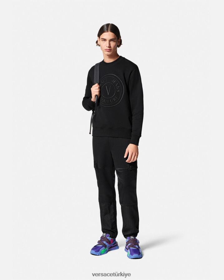 Versace işlemeli v amblemli sweatshirt erkekler siyah Giyim B0HHR82412