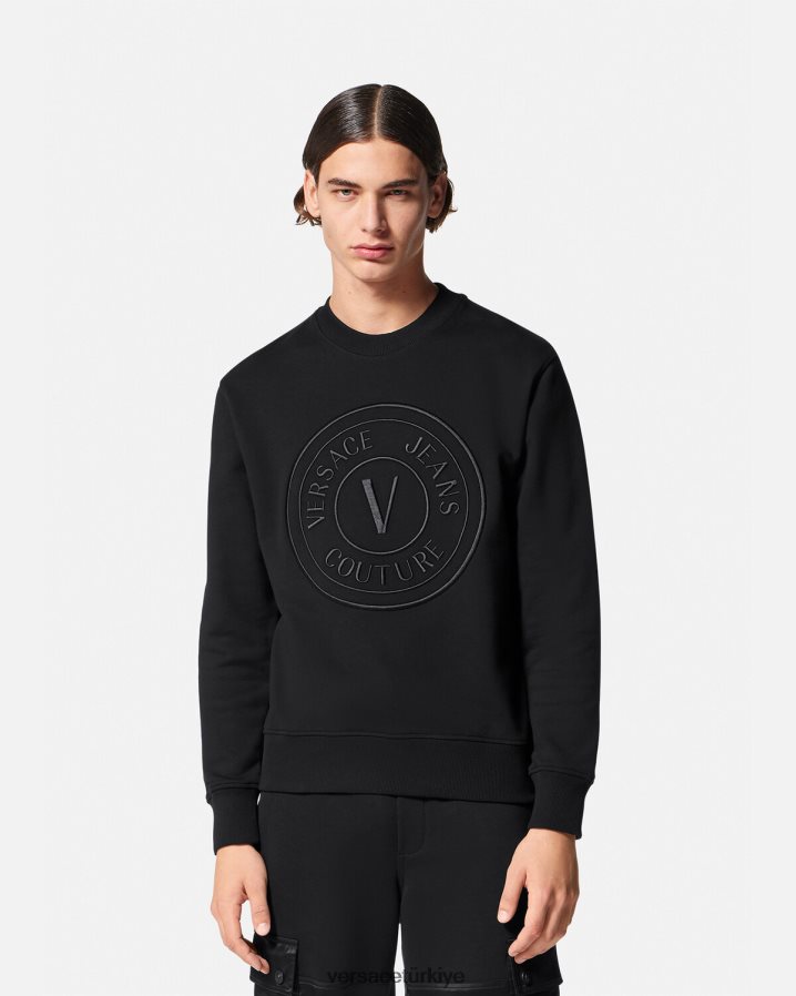 Versace işlemeli v amblemli sweatshirt erkekler siyah Giyim B0HHR82412