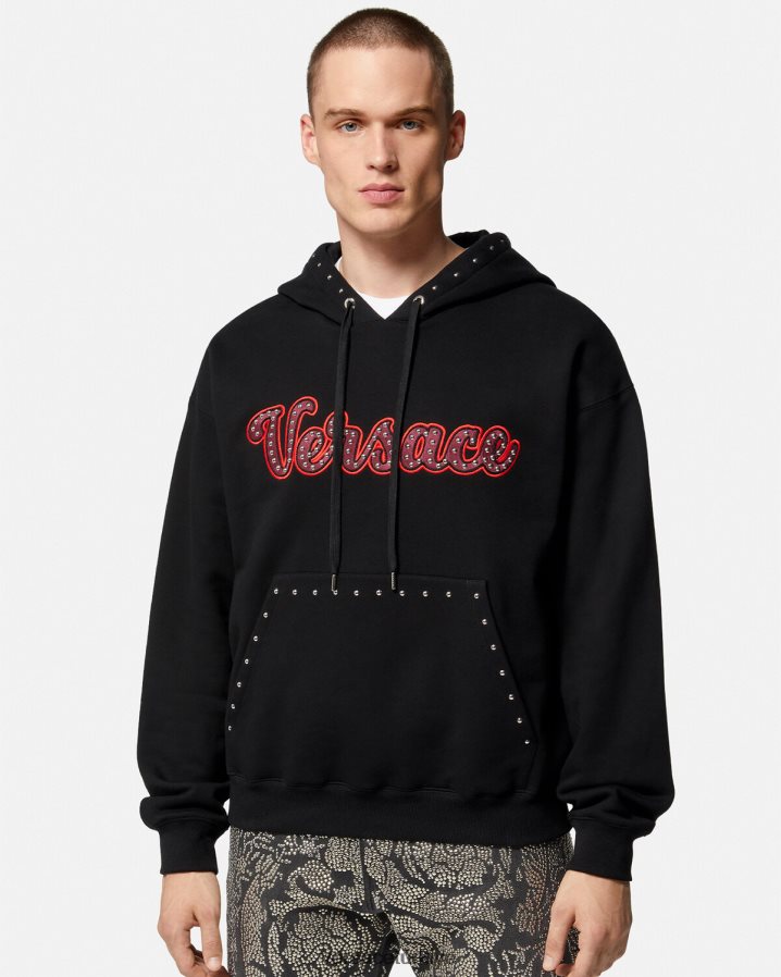 Versace çivili üniversite logolu kapüşonlu üst erkekler siyah Giyim B0HHR81425