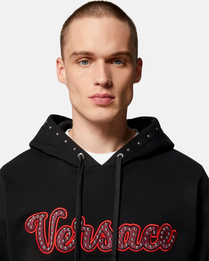 Versace çivili üniversite logolu kapüşonlu üst erkekler siyah Giyim B0HHR81425