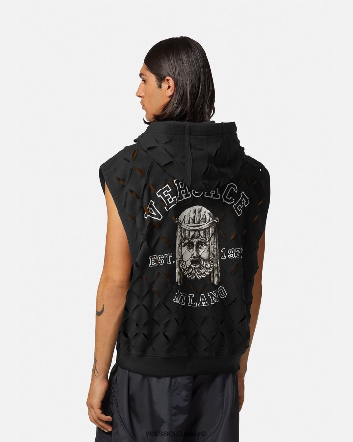 Versace kesik la maschera logolu kapüşonlu üst erkekler siyah Giyim B0HHR81423