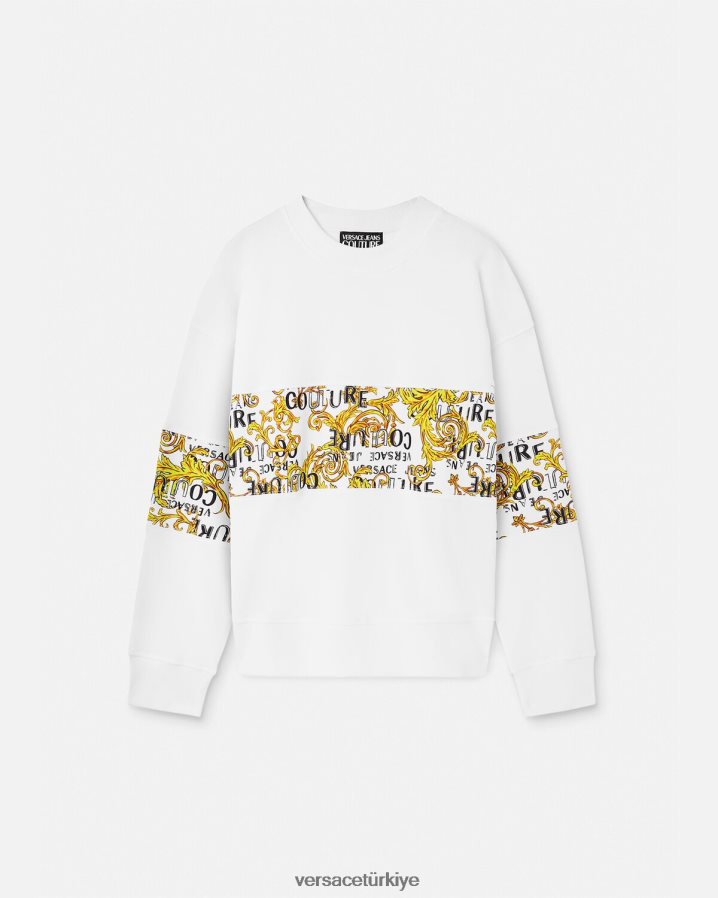 Versace logolu couture sweatshirt erkekler altın ve beyaz Giyim B0HHR82408